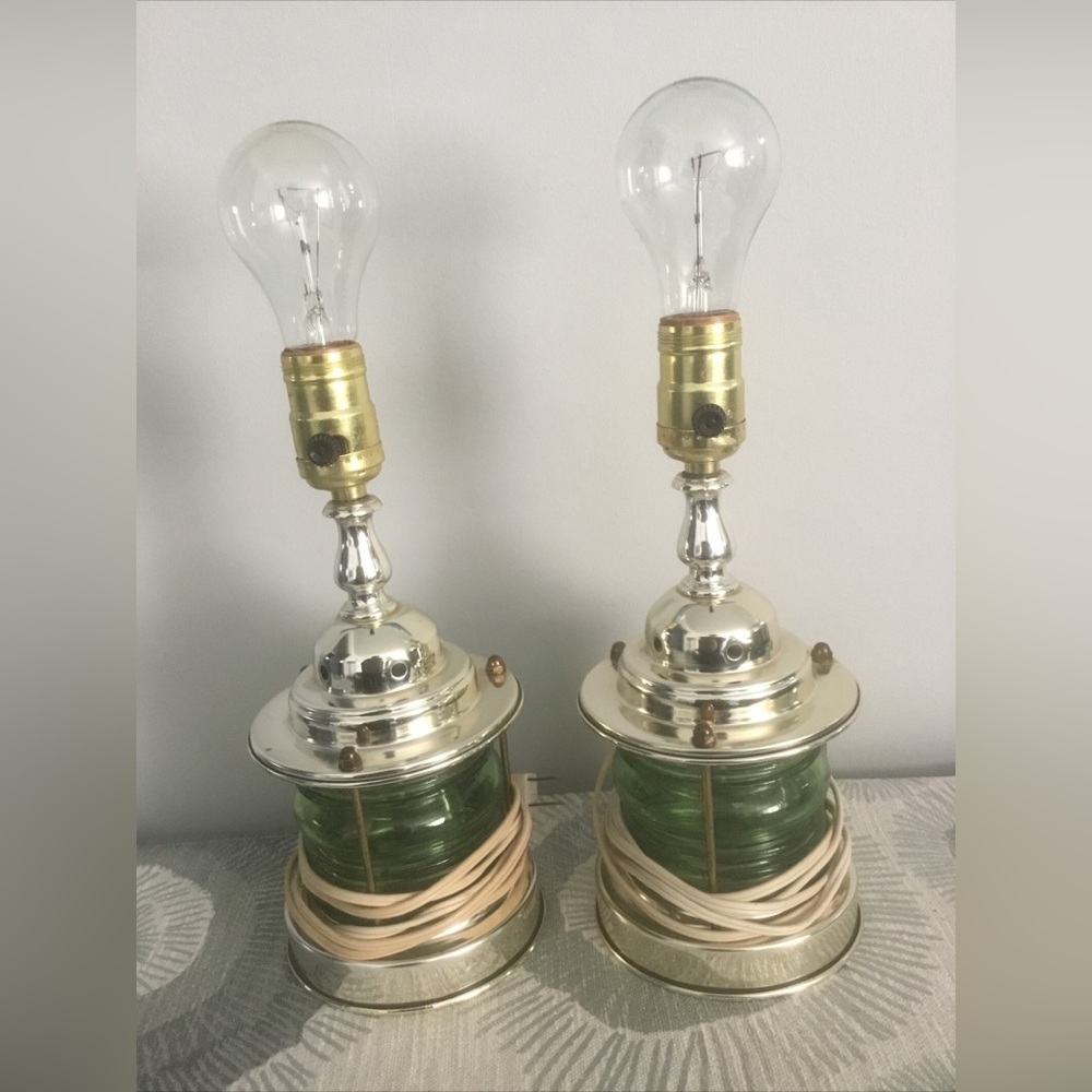 Vintage Green glass nautical lamps 3 way switch set of 2 1970’s